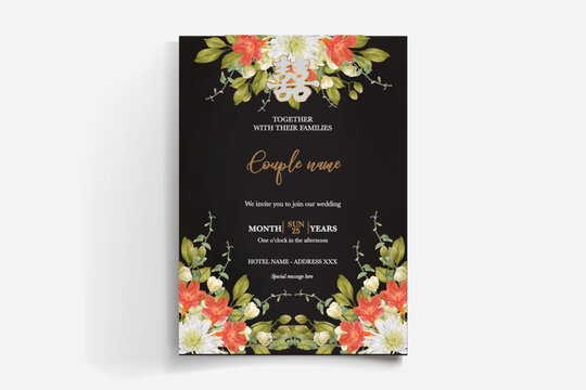 WEDDING INVITATION FRAME WITH FLOWER DECORATIONS AND FRESH LEAVES