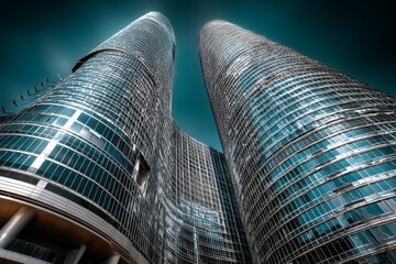 Poster - Modern skyscrapers reach toward the sky in a bustling urban environment during daytime with a striking architectural design