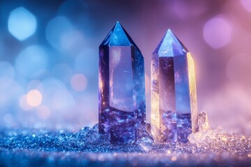 Poster - Beautiful amethyst crystals sparkling with light in a vibrant atmosphere during dusk