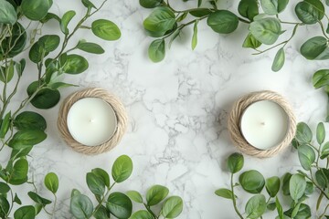 Aufkleber - Candles surrounded by green leaves on a marble surface in a calm and serene indoor setting