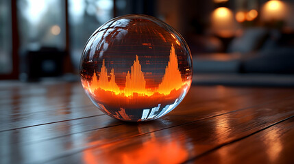 Glass orb reflects orange data graph on wooden surface bokeh background shows calm interior scene