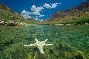 Aufkleber - Starfish rests on a clear riverbed with rocky terrain and blue skies in a serene natural setting