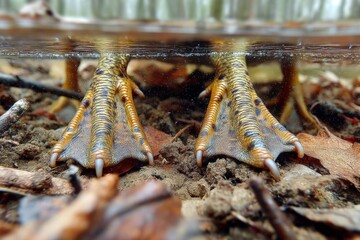 Poster - Colorful frog feet partially submerged in water among leaves at a forest edge during daylight