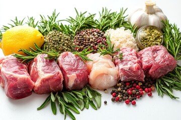 Poster - Fresh cuts of meat with herbs, spices, and lemon on a white surface preparing for cooking