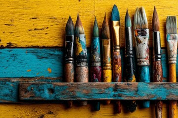Poster - Colorful paint brushes arranged on a wooden palette against a vibrant blue and yellow backdrop in an artist's studio
