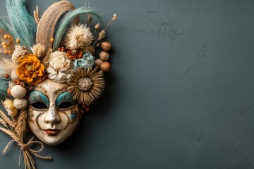 Aufkleber - Beautifully crafted decorative mask with flowers and feathers against a textured backdrop