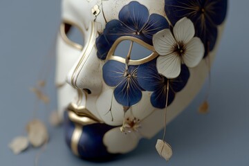 Poster - Intricate floral mask with blue and white detailing, showcasing craftsmanship and artistic design elements