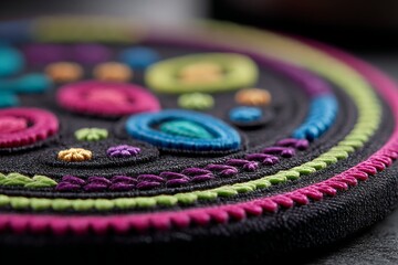Aufkleber - Colorful embroidery art displayed on a circular textile featuring vibrant designs and intricate stitching