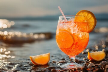 Poster - Refreshing citrus cocktail on the beach with orange slices and sparkling water at sunset