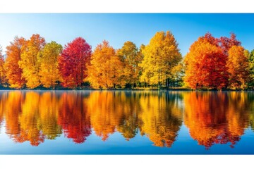 Poster - Vibrant autumn foliage reflecting on calm waters in a serene landscape setting