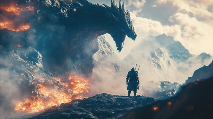 a close up of a dragon attacking a man with a sword