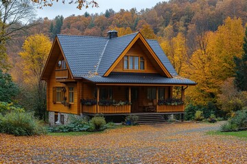 Poster - Cozy wooden house surrounded by autumn leaves in a tranquil forest setting