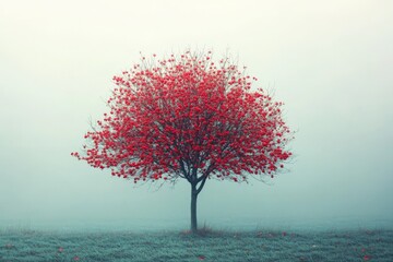 Fototapete - Vibrant red tree stands alone in a foggy meadow during early morning light