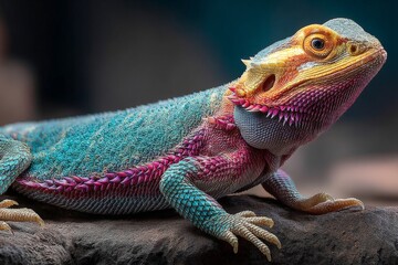 Poster - Colorful lizard resting on a rock under soft lighting in a naturalistic setting
