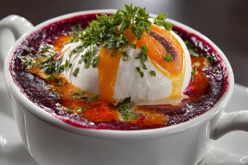 Aufkleber - Delicious beet soup topped with poached egg and fresh herbs served in a white bowl