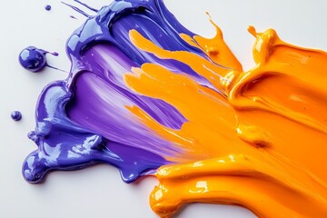 Aufkleber - Bright colors of purple and orange paint blend together on a white surface in an artistic display during daytime