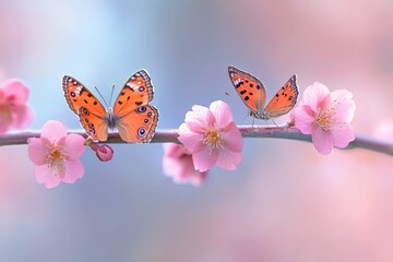 Poster - Beautiful orange butterflies resting on pink blossoms during springtime in a tranquil garden setting