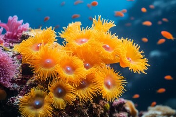 Poster - Bright orange coral polyps thriving in a vibrant underwater environment with colorful fish swimming nearby
