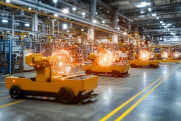 Poster - A close-up view of glowing interconnected points illustrates the concepts of IoT and machine learning within a blurred industrial setting, with space for additional text