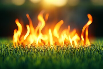 Aufkleber - Flames rise from green grass during sunset in a serene outdoor setting