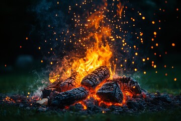 Leinwandbilder - Campfire brings warmth and light to an evening gathering in a serene outdoor setting