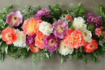 Poster - Floral arrangement featuring vibrant peonies and lush greenery in a decorative display