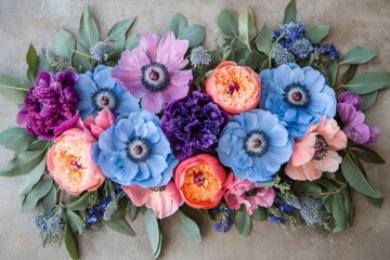 Poster - Floral arrangement featuring peonies and anemones in soft pastel colors on a textured background