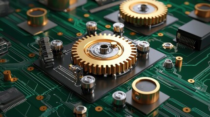 Poster - Mechanical cogwheels overlaid on digital tech pattern, blending hardware and software
