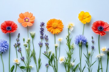 Poster - Colorful flowers arranged in a row showcasing nature's beauty during springtime in a well-lit indoor setting