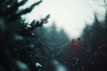 Aufkleber - Snow delicately blankets pine branches in a peaceful mountain setting, enhancing the winter ambiance with soft falling flakes and serene colors