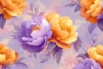 Aufkleber - Beautiful floral composition featuring vibrant purple and yellow peonies against a soft pastel background