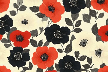 Aufkleber - Colorful floral pattern with red, black, and white flowers on a light background suitable for fabric or wallpaper design