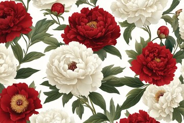 Aufkleber - Vibrant peonies in red and white bloom on a delicate background showcasing nature's beauty in springtime