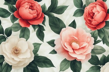 Poster - Beautiful peonies with lush green leaves showcasing a vibrant floral arrangement on a soft background