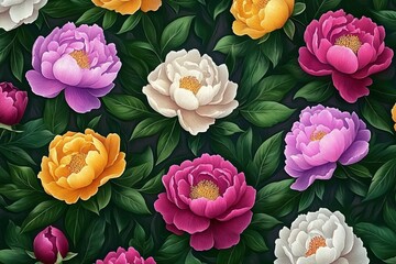 Aufkleber - Vibrant floral pattern featuring peonies of various colors on a dark background