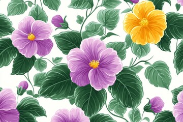 Poster - Colorful hibiscus flowers in vibrant designs create a lively floral pattern on a light background