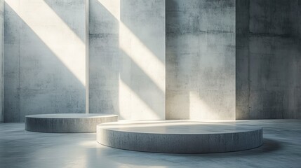 Poster - Two circular concrete podiums in a sunlit minimalist concrete room.