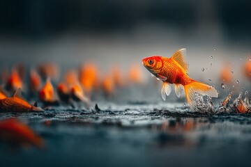 Poster - Goldfish leap above the surface of a tranquil pond during a bright sunny afternoon in a serene garden setting