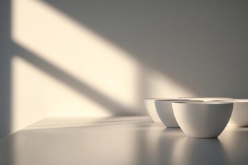 Aufkleber - Close-up view of white ceramic vessels arranged neatly on a minimalist surface, enhanced by soft lighting that creates gentle shadows and a calming ambiance