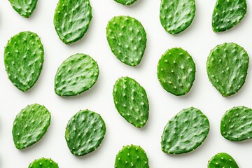 Poster - Fresh green cactus leaves arranged evenly on a white background create a vibrant botanical pattern