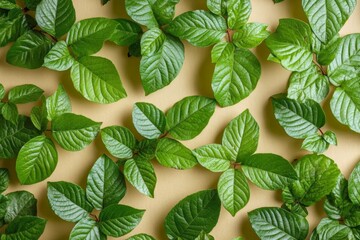 Poster - Fresh green leaves arranged beautifully, showcasing vibrant colors and textures against a soft background