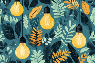 Aufkleber - Bright bulbs illuminate a vibrant foliage pattern in a stylized artwork with a natural theme