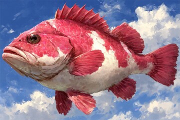 Poster - Bright pink and white fish swimming in a blue sky with fluffy clouds above during daytime