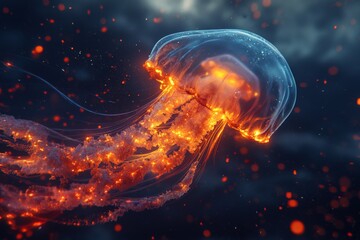Poster - Mesmerizing jellyfish glows under the night ocean as bioluminescent lights dance in a stunning underwater display