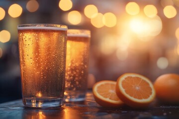 Poster - Close-up view of a glass brimming with orange juice, condensation forming on the surface, alongside fresh orange slices in warm morning light