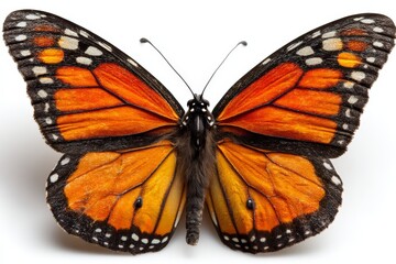 Poster - Monarch butterfly with vibrant orange and black wings resting on a soft surface in natural daylight