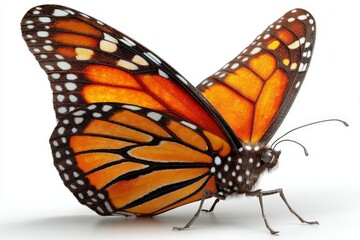 Poster - Bright monarch butterfly perched on a surface with vivid orange and black wings showcasing intricate patterns