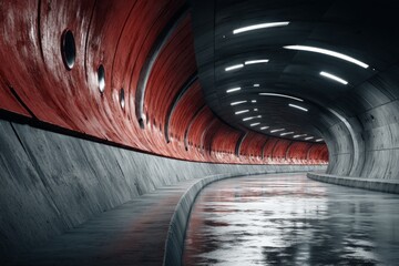 Poster - Curved underground tunnel with red accents and reflective surface in a modern architectural design