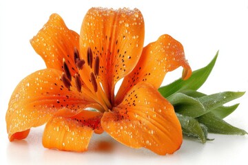 Poster - Vibrant orange lily flower with droplets of water resting on green leaves in a bright setting