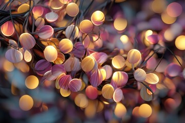 Poster - Colorful string lights illuminating decorative foliage in a cozy outdoor setting during an evening gathering